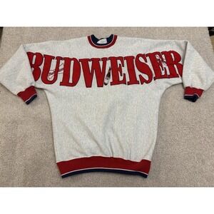 VTG Budweiser Full Spell Out Embroidered Logo Sweater Gray Size XL RARE